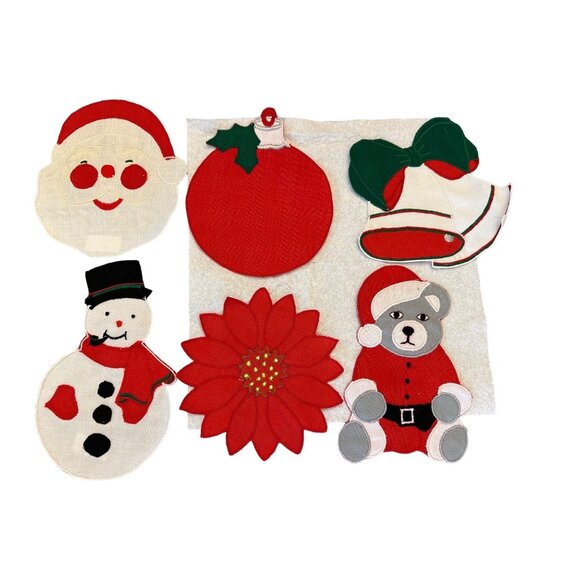 6 VTG W-C Imports Christmas Linen Embroidered Appliqué Coasters table top decor - Picture 1 of 12